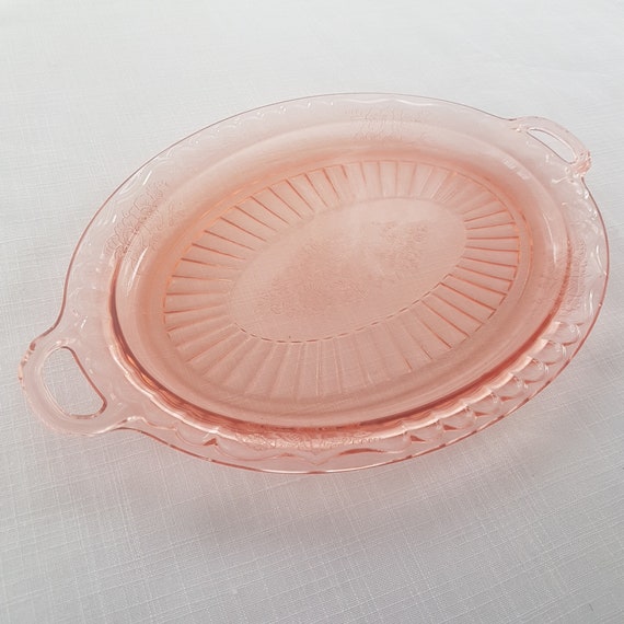 1930s Anchor Hocking Mayfair Open Rose Pink Depression Glass 13.75" Oval Platter Handles Serving Tray