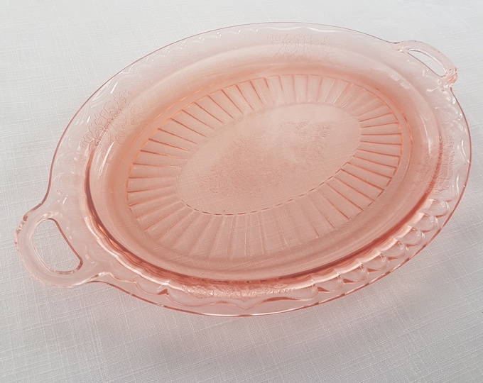 Anchor Hocking MAYFAIR OPEN ROSE Pink Depression Glass, 13.75 Inch Oval Platter with Handles, Vintage Pink Glass, 1930s
