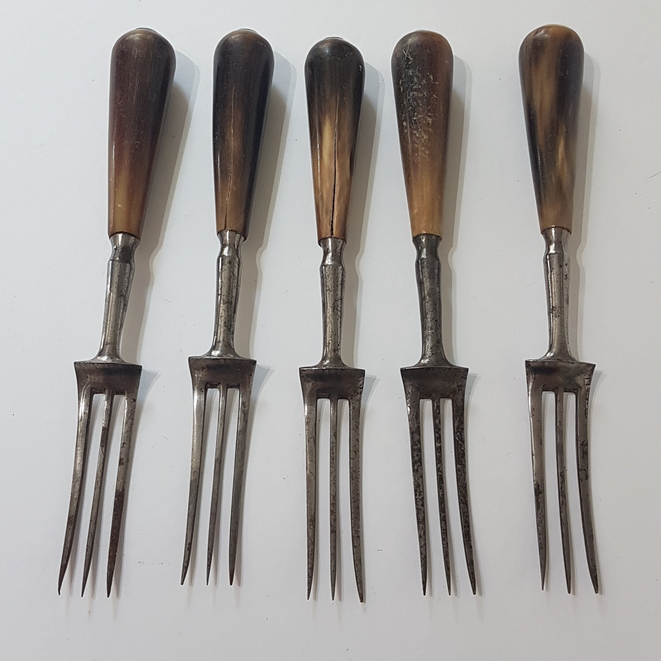 Antique 19th Century John Dobie Cutlery 5 Fork 5 Knife Set, Staghorn