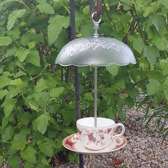 Handcrafted Vintage Teacup Bird Feeder Glass Canopy Rust Proof Stainless Steel Hanging Garden Gift