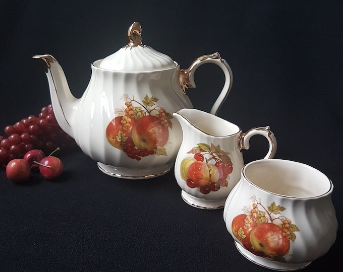 Sadler England Teapot Cream Sugar, Vintage Sadler Tea Set, Apples, Berries, Cherries, Swirled, Made in England, 1950s