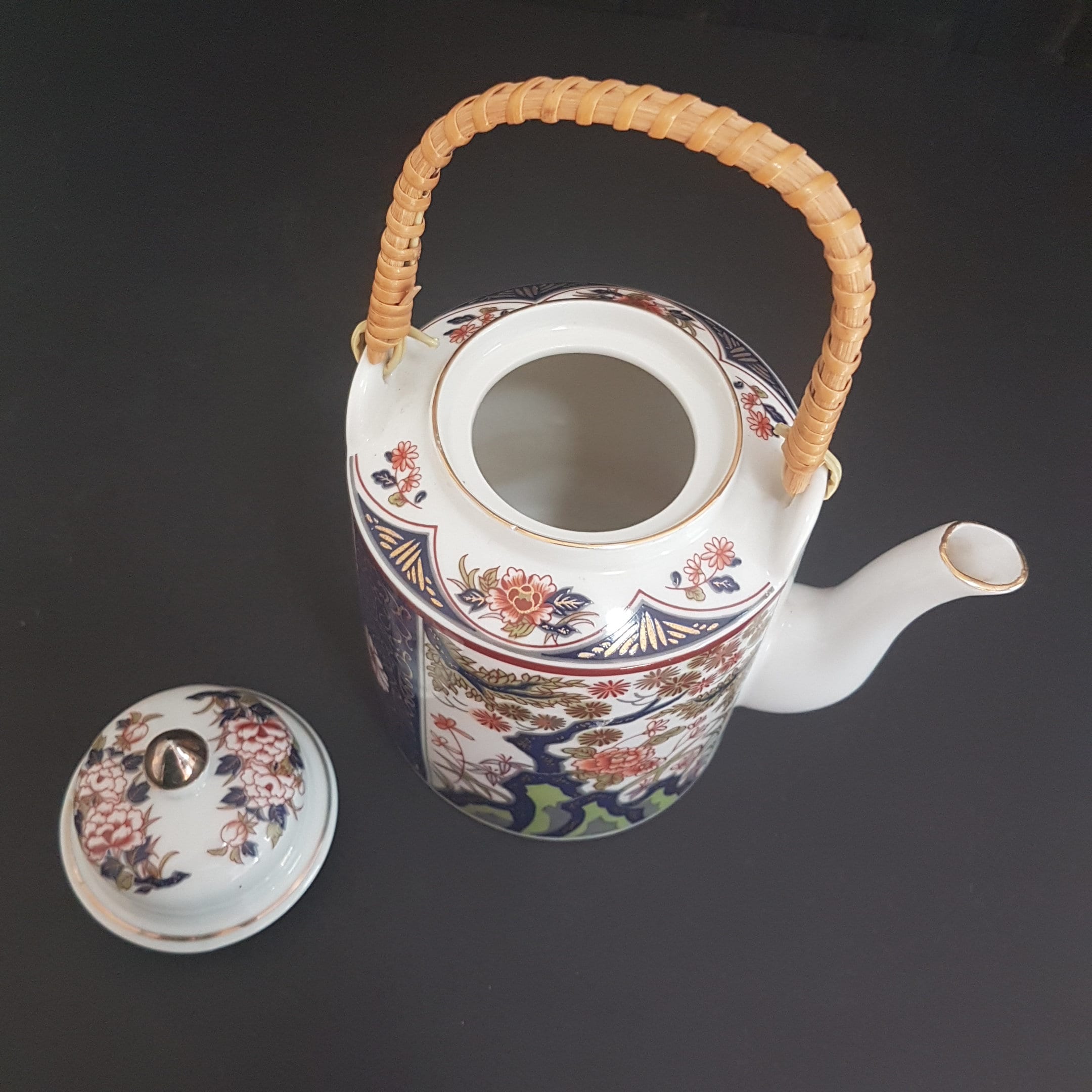 Imari Styling Vintage Japanese Porcelain Teapot with Wicker Handle Home