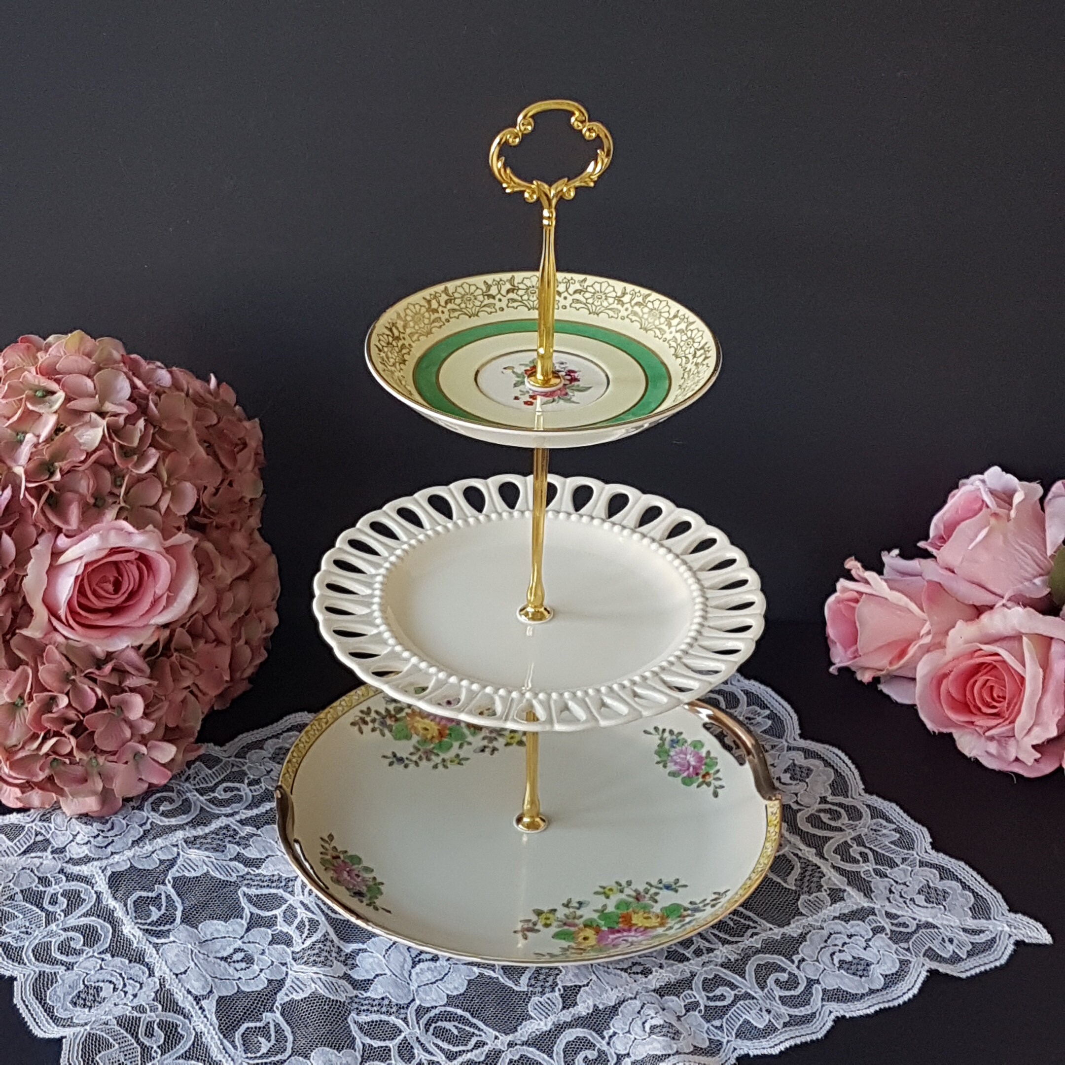 3 Tier Cake Stand, Mismatch Vintage Plates, Ivory Yellow, Hand Painted