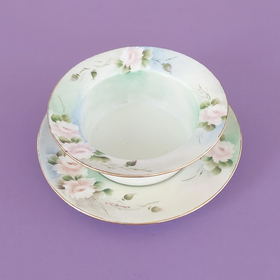 Antique Signed L.R.L. Limoges France Rose Berry Bowl & Saucer Set