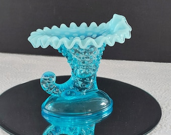 Vintage Fenton Blue Opalescent Hobnail Cornucopia Glass Candle Holder – 5 Inch