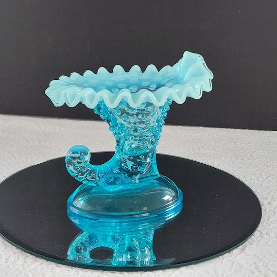 Vintage Fenton Blue Opalescent Hobnail Cornucopia Glass Candle Holder – 5 Inch