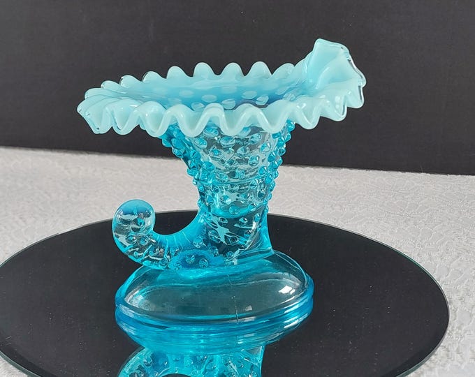 Vintage Fenton Blue Opalescent Hobnail Cornucopia Glass Candle Holder – 5 Inch