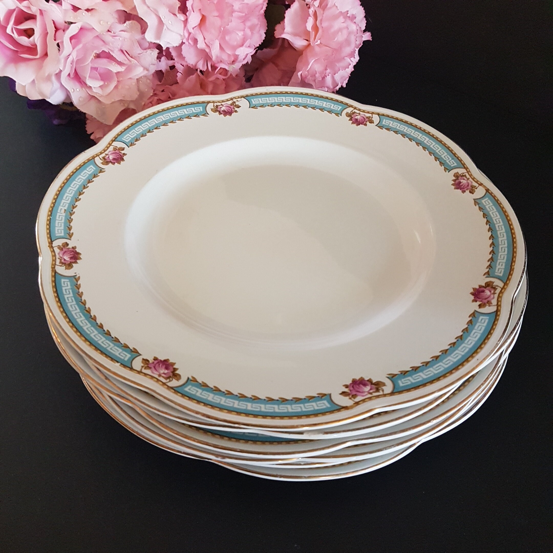 Vintage Baker & Co England, Set of 6 Dinner Plates, Flower Shape, Pink