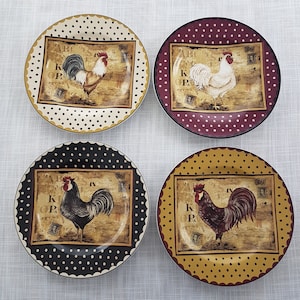 Stoneware Retro Rooster Dessert Plates by Kim Poloson - French Country Farmhouse Kitchen Decor