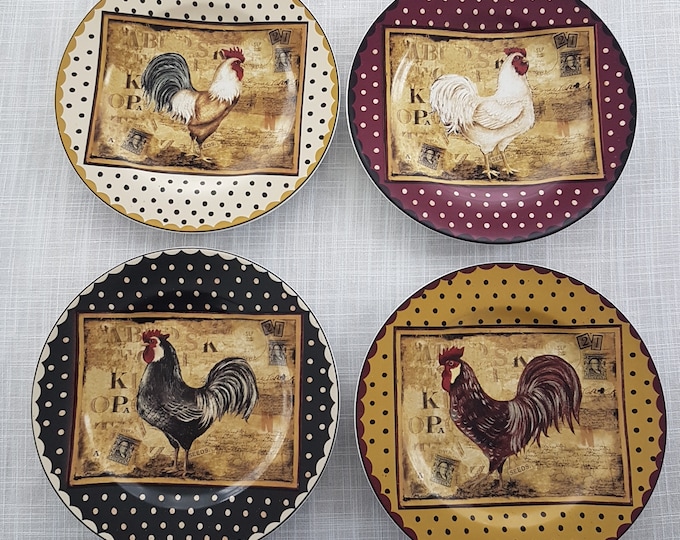 Dessert Plates, Stoneware RETRO ROOSTER Plates by Kim Poloson, French Country, Farmhouse Decor