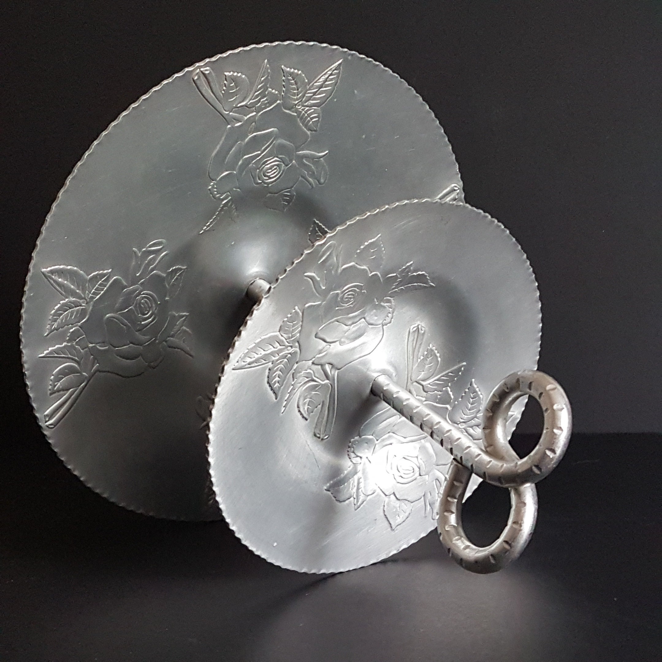 Hammercraft Aluminum Hammered 2 Tiered Cake Stand, Rose Pattern, Hand