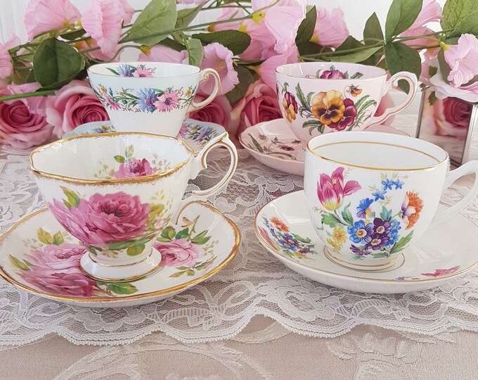 LOT of 4 Mismatched Tea Cups and Saucers, Bulk Vintage English Bone China, High Tea, Bridal Shower, Baby Shower, Pink Teacups