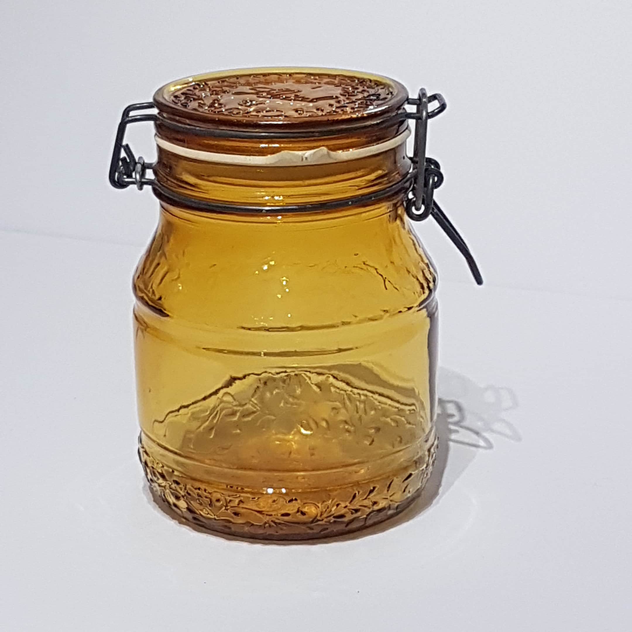 Vintage Amber Italian Glass Jar with Snap Lid, Apothecary Jar, Kitchen