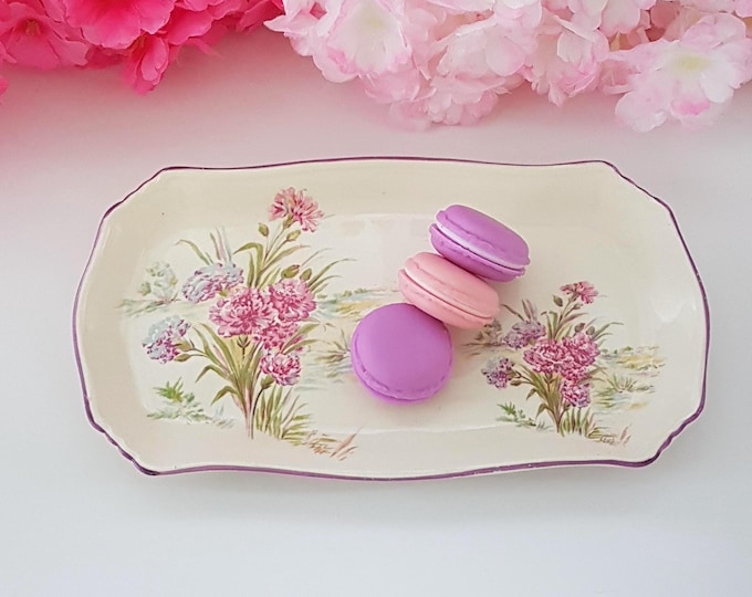 Vintage Royal Winton Pink & Mauve Carnations Rectangular Trinket Tray - Shabby Chic English Serving Dish