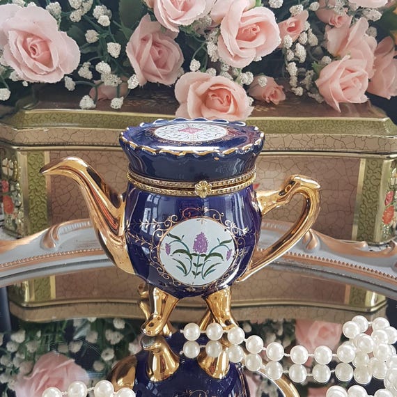 Vintage Porcelain Teapot Jewelry Box with Hinged Lid - Tea Lover Gift Trinket Ring Storage