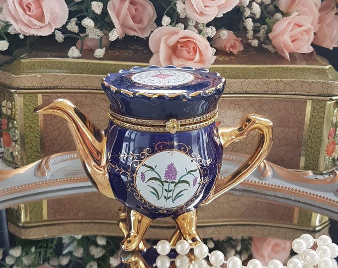 Vintage Porcelain Teapot Jewelry Box with Hinged Lid - Tea Lover Gift Trinket Ring Storage