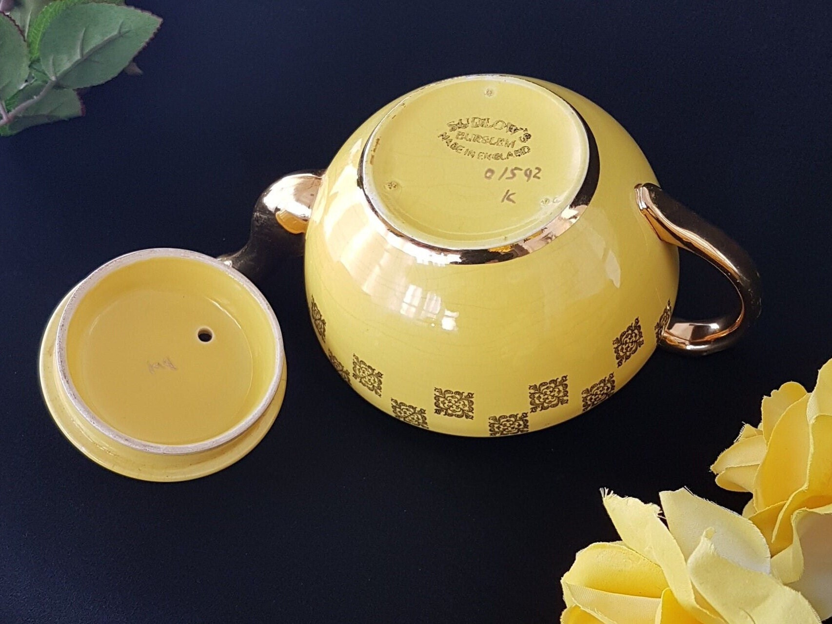 Vintage Teapot by Sudlows Burslem England, Yellow Tea Pot with Gold