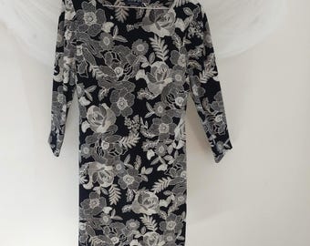 Tommy Hilfiger Floral A-Line Dress, Black Cream, Size 10, Three Quarter Sleeve