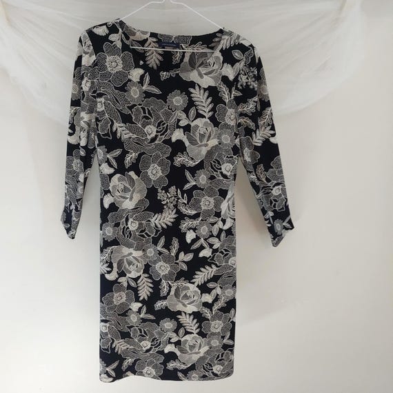 Tommy Hilfiger Floral A-Line Dress, Black Cream, Size 10, Three Quarter Sleeve