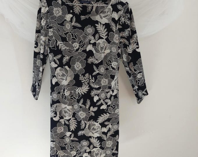 Tommy Hilfiger Floral A-Line Dress, Black Cream, Size 10, Three Quarter Sleeve