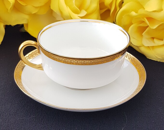 Antique French Limoges Porcelain Tea Cup and Saucer by HC France, Old Abbey, Gold Encrusted Band of Seashell Motif, Made in France 1907-1915
