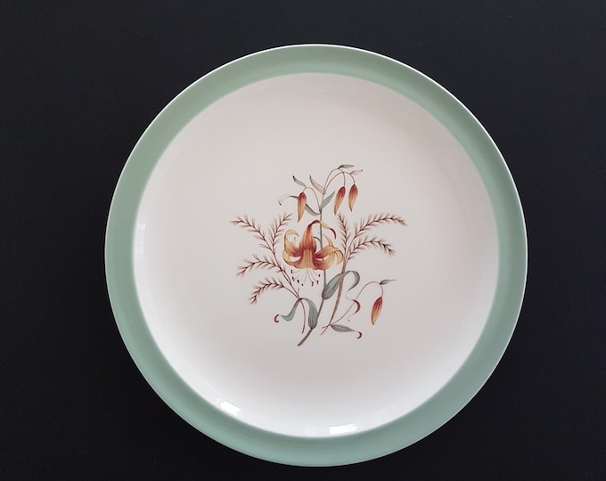 2pc Wedgwood Tiger Lily Dinner Plates with Aqua Blue Band,  Made in England, 1950s