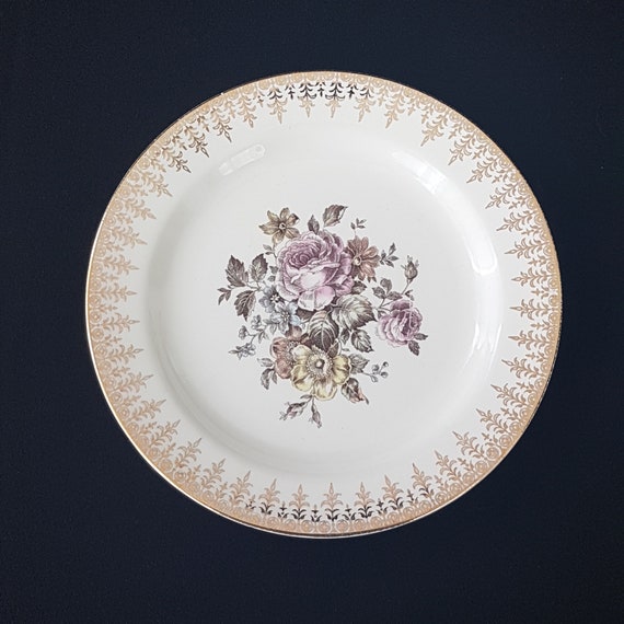 Vintage Homer Laughlin Nautilus Side Plates: Rose Floral, Gold Filigree, Set of 4