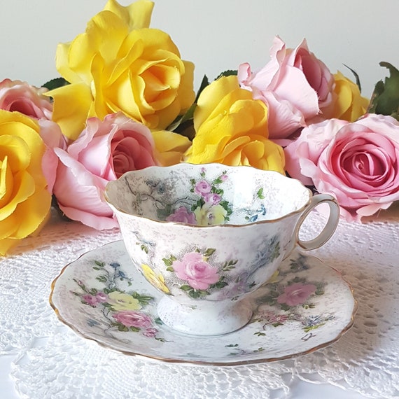 Antique Atlas China Tea Cup and Saucer: 1906 Grimwades England, Hand-Painted Pink & Yellow Roses