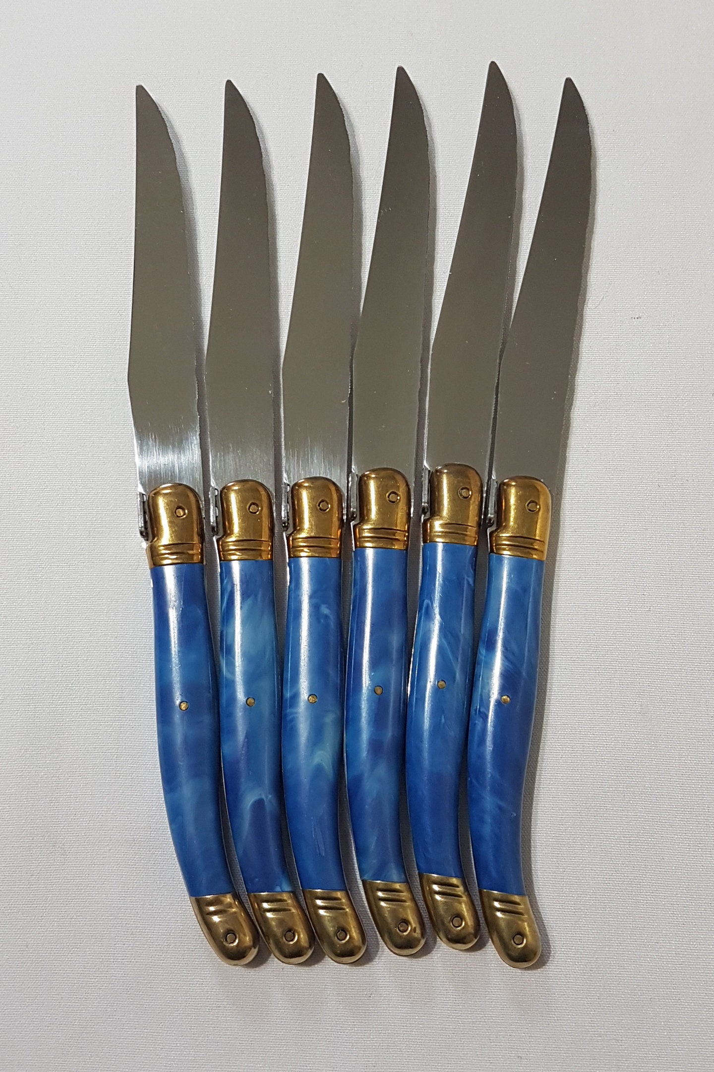 French Laguiole Steak Knife Set, Faux Blue Marble
