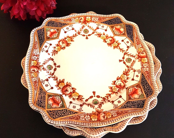 9.75 Inch STAFFORD Square Dinner Plate, Vintage Royal Staffordshire AJ Wilkinson, Pattern 5625, Hand Painted Imari Style, Mid Century, 1940s