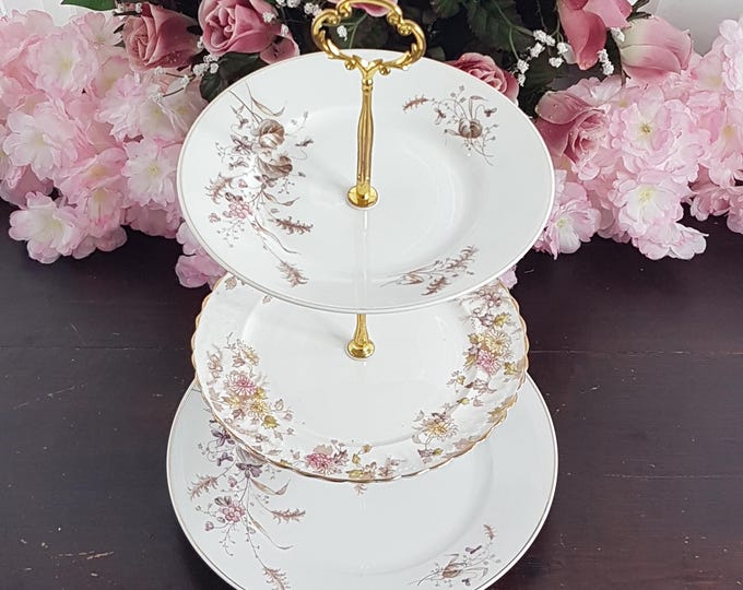 3 Tier Cake Stand, Antique Porcelain Plates, White Pink and Brown, Bridal Tea Party Serving Tray