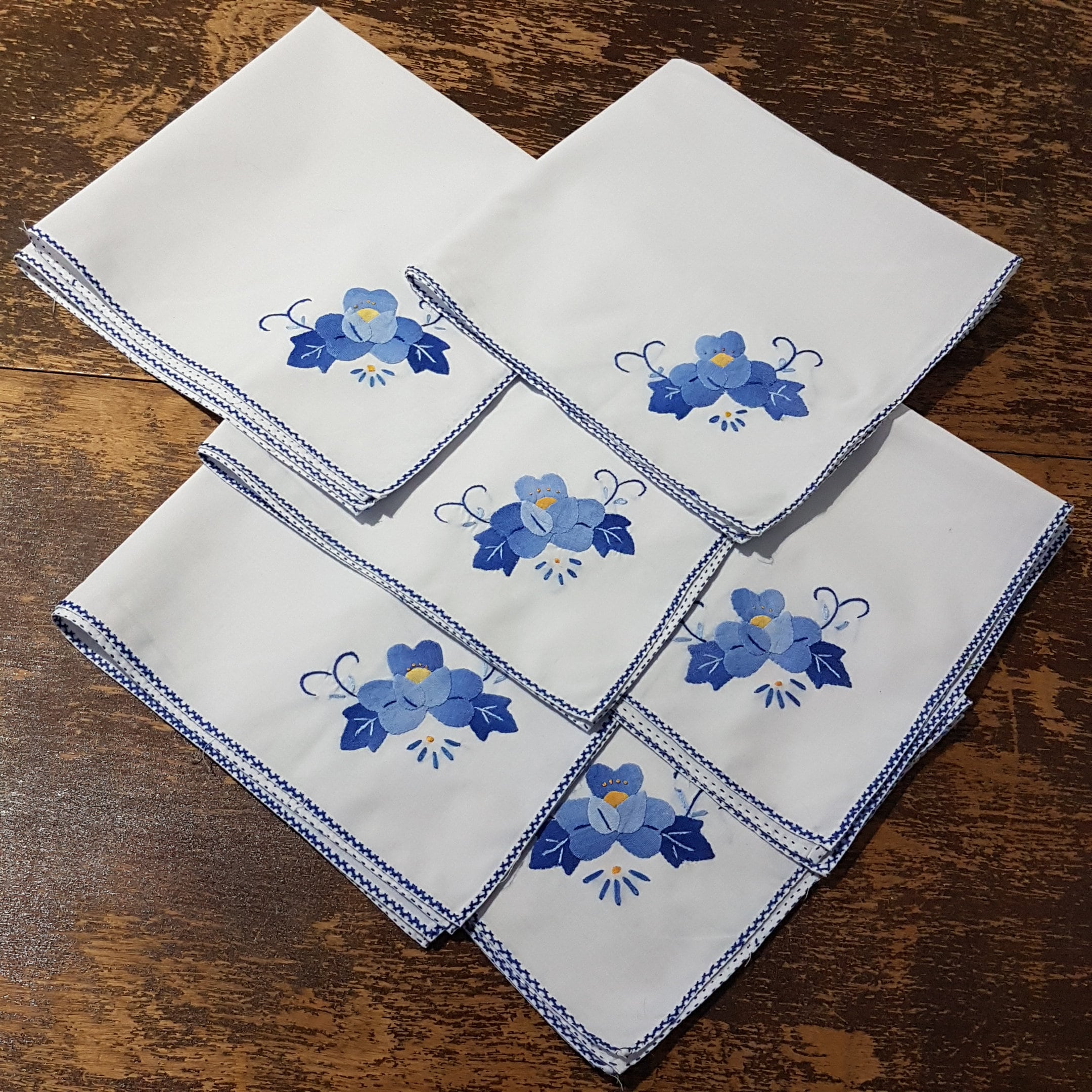White Cloth Dinner Napkins, Set of 6 Vintage Blue Hand Embroidered