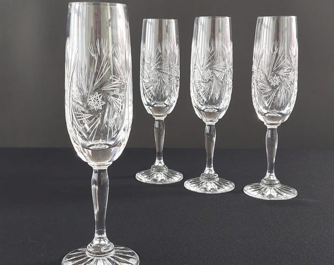 Vintage Pinwheel Crystal Champagne Flutes Set of 4, 8.75" Toasting Glasses