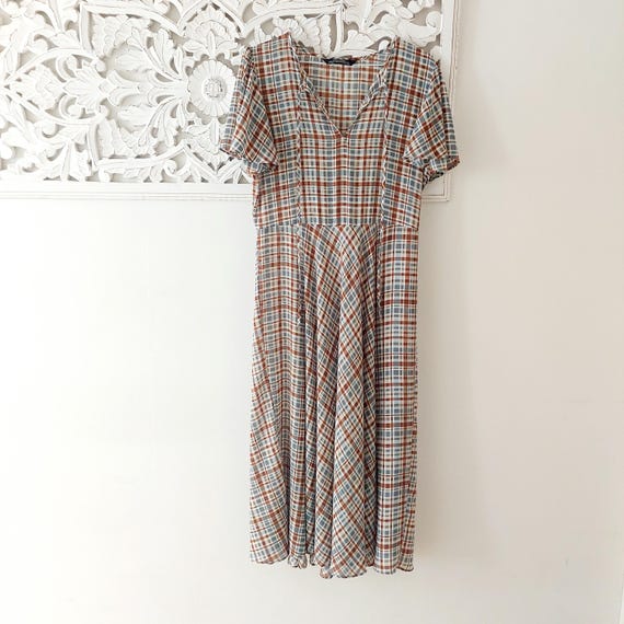 ZARA Flowy Plaid Midi Dress - Blue & Brown Madras Check - Tie Neck Ruffle Sleeve - Premium Denim Collection, Size 5
