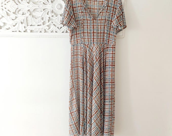 ZARA Flowy Plaid Midi Dress - Blue & Brown Madras Check - Tie Neck Ruffle Sleeve - Premium Denim Collection, Size 5