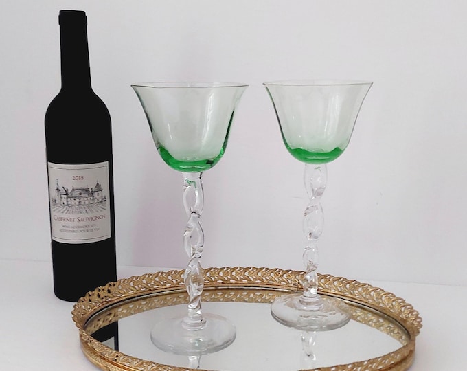 Elegant Hand-Blown Green Wine Glasses with Twisted Stem - Unique Wedding or Housewarming Gift