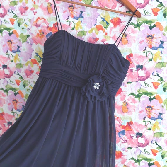 Vintage Navy Chiffon A-Line Formal Dress – Petite Size 14, Ruched Bodice