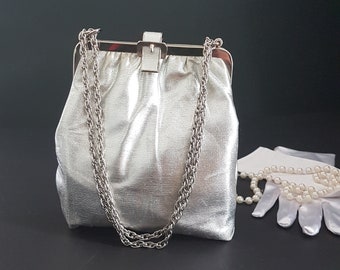 Shimmery Silver Evening Bag with Adjustable Chain, Vintage Hang From Wrist Purse Converts to Hang from Shoulder, Mid Century, 1960s
