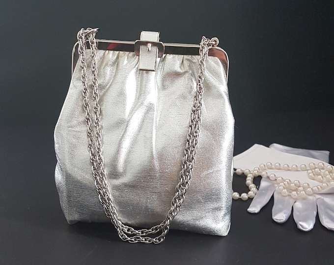 Shimmery Silver Evening Bag with Adjustable Chain, Vintage Hang From Wrist Purse Converts to Hang from Shoulder, Mid Century, 1960s