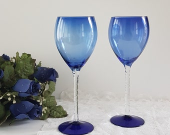 Wine Glasses, Set of 2 Cobalt Blue Blown Glass Goblets, 9 inch Tall, Clear Twisted Stem