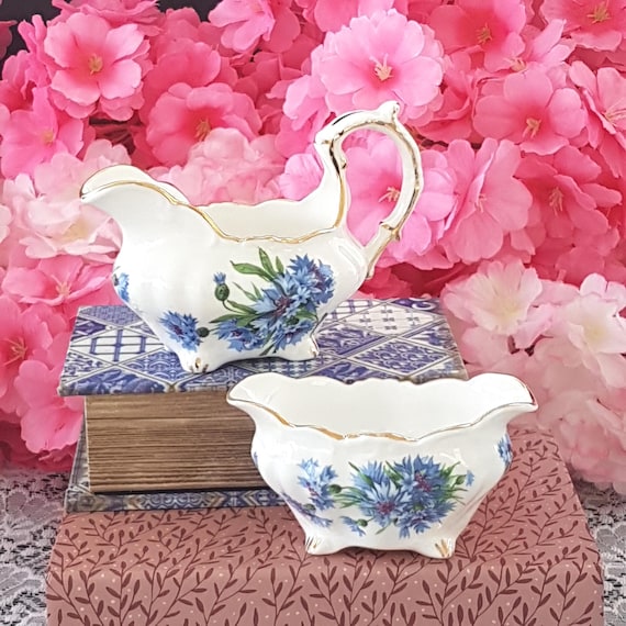 Vintage Hammersley Cornflower Blue Bone China Cream Sugar Set Mid Century English Collectible