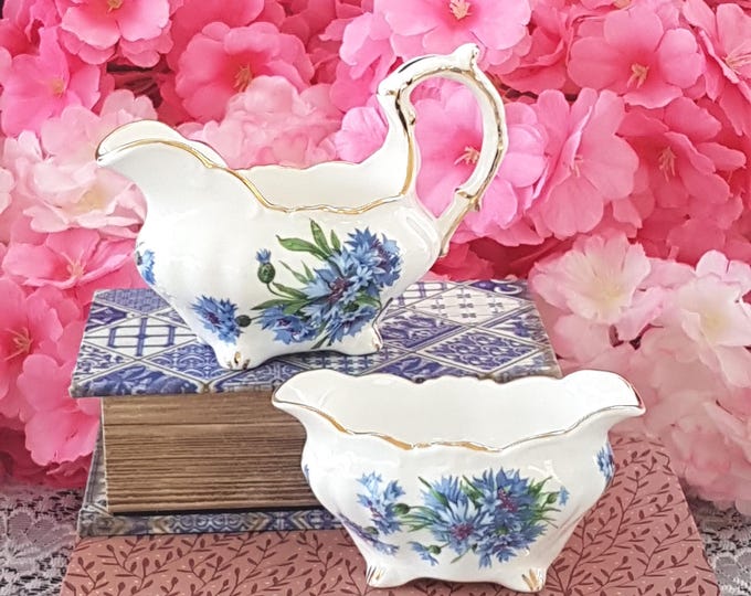 Vintage Hammersley Cornflower Blue Bone China Cream & Sugar Set - English Tea Party Accessories