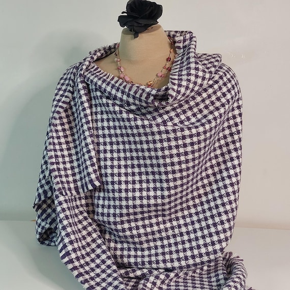 Oversized Purple Houndstooth Blanket Scarf | Cotton Tweed Wrap | 62x45 Small Throw