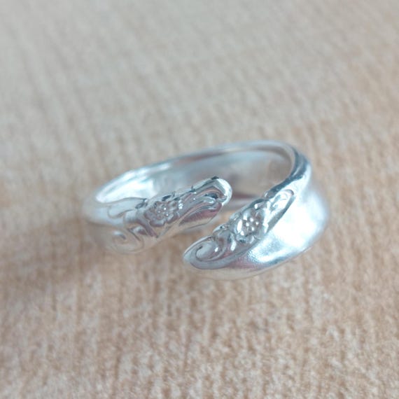 Vintage Silver Plated Spoon Ring, Adjustable Floral Bypass Wrap Flatware Statement Band