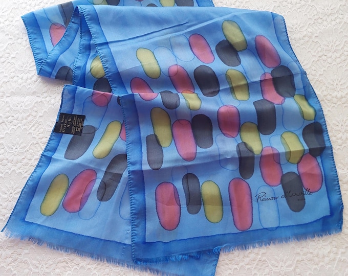 Elegant Blue Silk Scarf by Remon d'Urville Paris - Long Luxury Accessory for Women