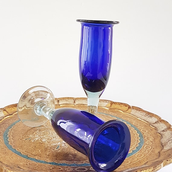 Cobalt Blue Mexican Hand-Blown Glass Champagne Flutes (Set of 2)