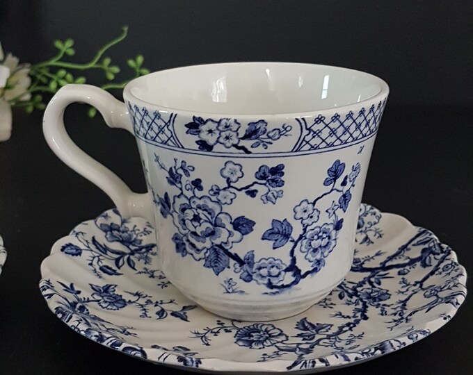 Mismatched Ironstone Tea Cup and Saucer, Vintage Blue Transferware on White Ironstone, Made in England