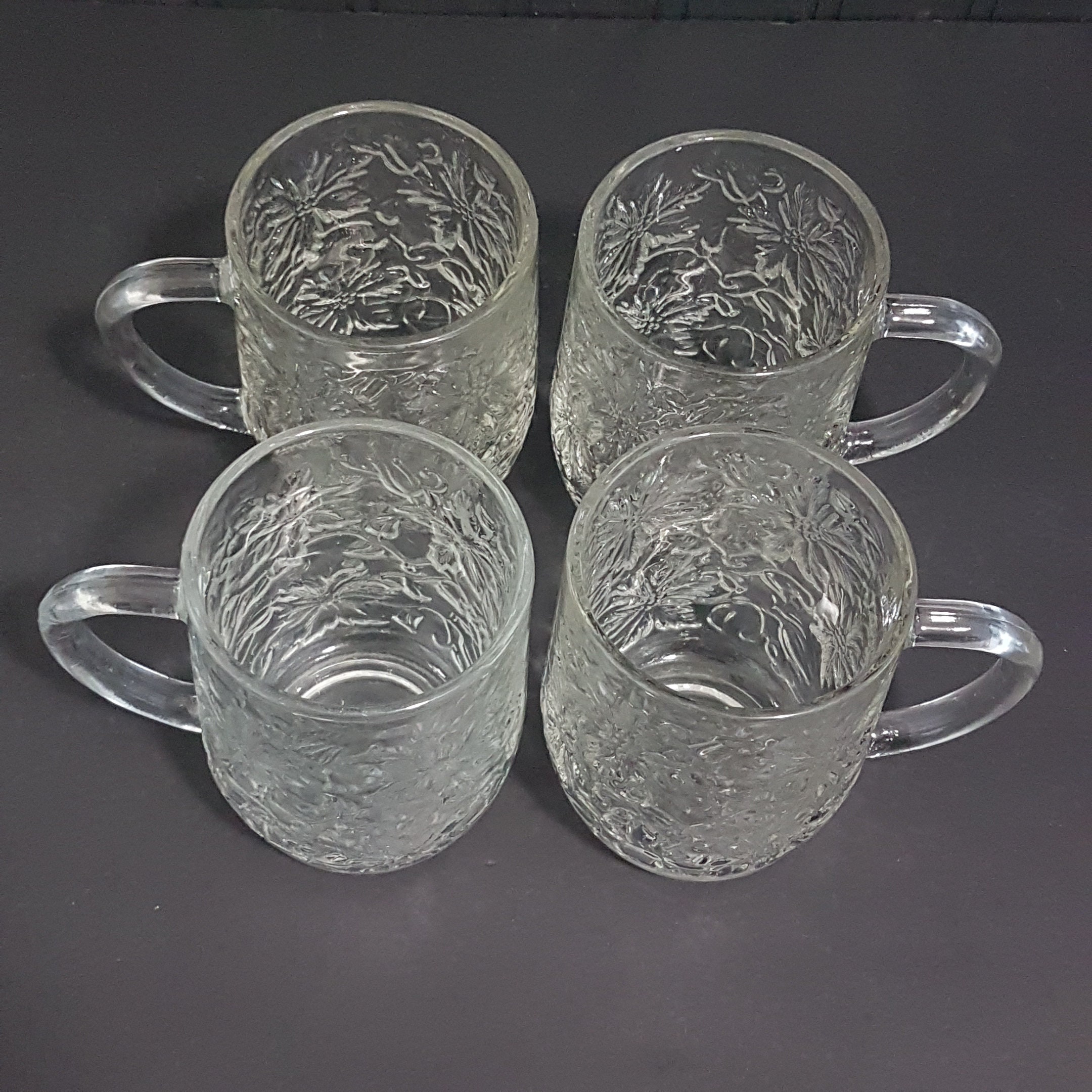 Vintage Princess House FANTASIA 4 Mug Set, Poinsettia Flower, Mid Century Glass Coffee Cup Set