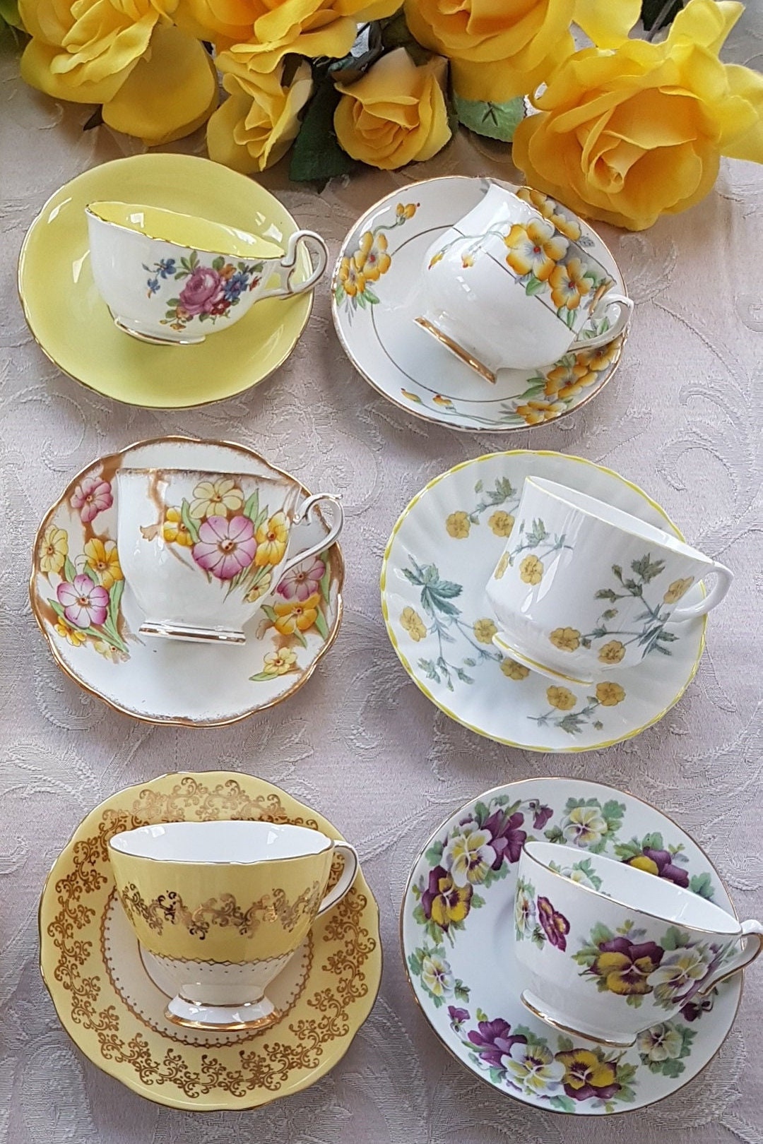 LOT of 6 Mismatched Tea Cups and Saucers, Bulk Vintage English Bone