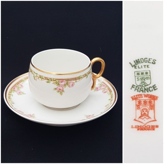 Antique Elite Works Limoges BWD114 Pink Rose Tea Cup and Saucer Set of 4